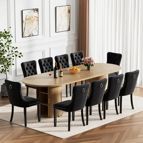 Miniatura 26 de Mesa de comedor redonda extensible de 94 pulgadas con base de almacenamiento, mesa de comedor expandible natural para 10, mesa de comedor de madera