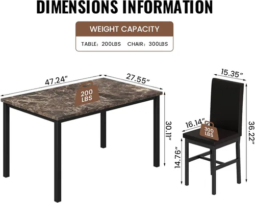 Miniatura 2 de Recaceik Juego de 4 mesas de comedor de 5 piezas para 4, juego de 4 sillas de mesa de cocina de mármol sintético, juego de mesa de cocina con 4