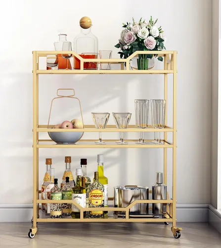 Miniatura 2 de Carritos de Bar Cuadrados de Oro con 3 Niveles de Almacenamiento con Estantes de Vidrio para el Hogar, Carritos de Servicio con Ruedas para Cocina