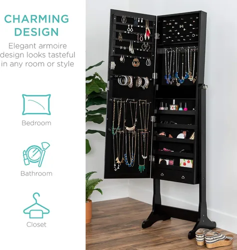 Miniatura 5 de Productos mejor elección clóset con espejo joyería armario con espejo de maquillaje con soporte anillos, collares, brazaletes, Madera Noble, Negro