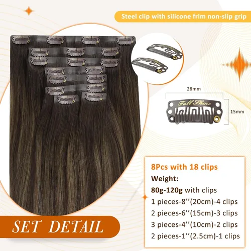 Miniatura 3 de Full Shine - Extensiones de cabello con clip balayage, color marrón oscuro a marrón claro con mechas rubio caramelo, cabello humano Remy con trama