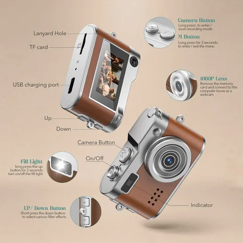 Miniatura 9 de HOTU Mini cámara digital, llavero 1080P HD con lente de 2MP, flash, grabación de video, tarjeta 32G incluida, cámara retro portátil y compacta