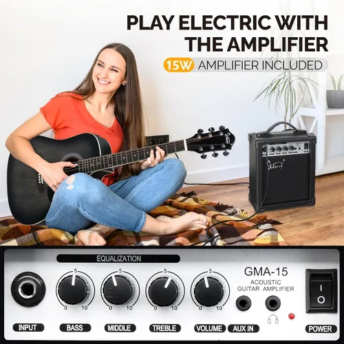 Miniatura 4 de GLARRY Kit de guitarra eléctrica acústica de tamaño completo con 6 cuerdas para principiantes con amplificador de 15W, guitarra eléctrica acústica