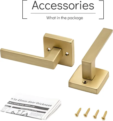 Miniatura 3 de Linkaa Paquete de 2 manijas de puerta cuadradas de latón satinado para puertas interiores para armario y pasillo, lavandería interior (1 par