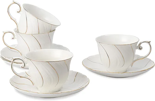 Miniatura 9 de Agyiuns tazas y platillos de cerámica para café, 6oz, taza de café para café, latte, café moca y té - Juego de 4 (Flores grandes - Juego de 4)
