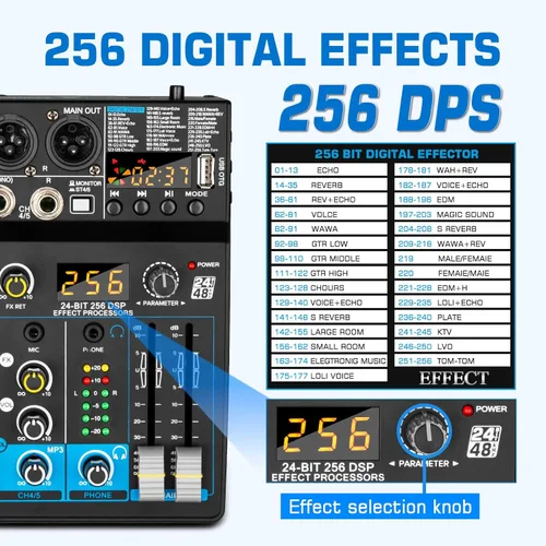 Miniatura 4 de Depusheng Mezclador de audio profesional Digital FX 256-Bit DSP USB Bluetooth MP3 Ordenador DJ Mezclador 5 Canales Interfaz de entrada con 48V