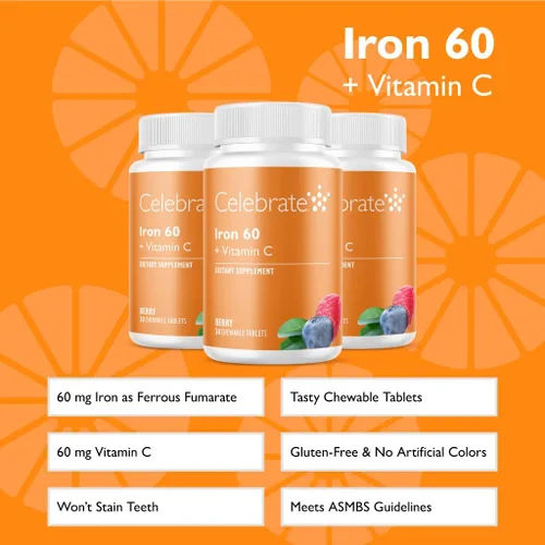 Miniatura 2 de Suplemento de hierro para celebrar las vitaminas con 60 mg de hierro y vitamina C – masticables de bayas para pacientes bariátricos, bypass gástrico