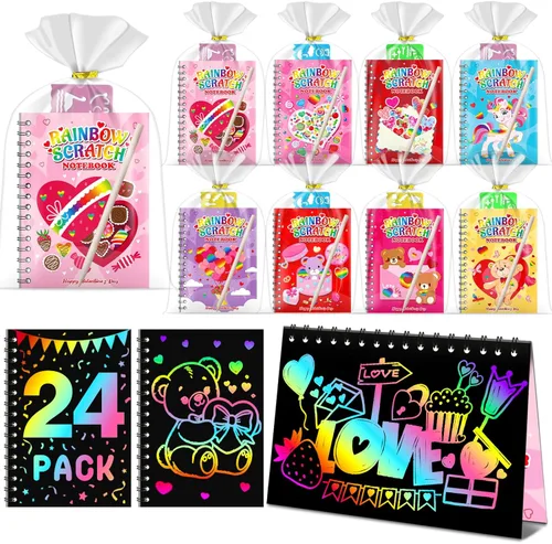 Miniatura 18 de Recuerdos de papel para rascar para fiestas para niños: paquete de 16 cuadernos de rayas arcoíris, bolsas de regalo, libros para colorear, recuerdos