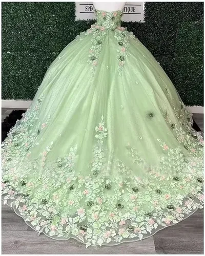 Miniatura 5 de XYAYE Vestidos de quinceañera de novia para mujer, vestidos de baile de flores en 3D, vestido de fiesta de encaje, sin tirantes, de tul dulce 15 16