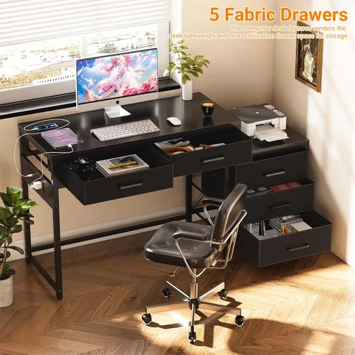 Miniatura 8 de Unikito Escritorio de computadora reversible con 5 cajones, escritorio de oficina resistente con tomas de corriente y puertos USB, mesa de escritura