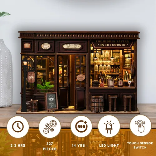 Miniatura 2 de Corner Tavern - Kit de rincón de libro de bricolaje con luces LED, rompecabezas de madera 3D para adultos, 327 piezas, diorama inspirado en pub