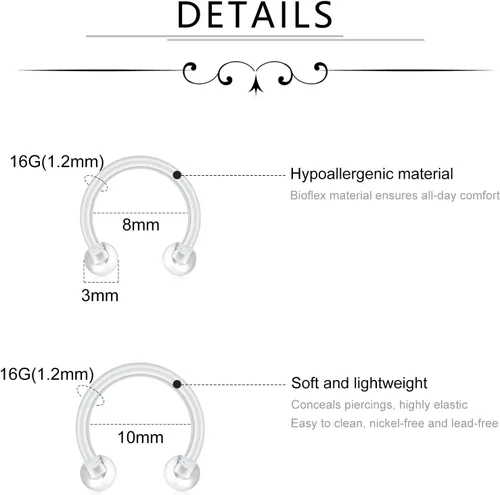 Miniatura 3 de Piercing para la nariz con pin de hueso Bioflex transparente de 0.71 oz, 0.71 oz, 0.71 oz, para mujeres y hombres