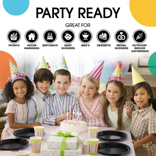 Miniatura 6 de Exquisitos platos de plástico negro Party Solids para fiesta, platos desechables negros de 7 pulgadas, juego de vajilla de plástico resistente, 100