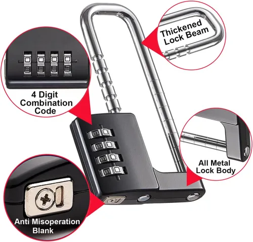 Miniatura 5 de Candado en forma de U de acero inoxidable, cerradura de combinación con grillete largo ajustable para exteriores, escuela, gimnasio, taquillas