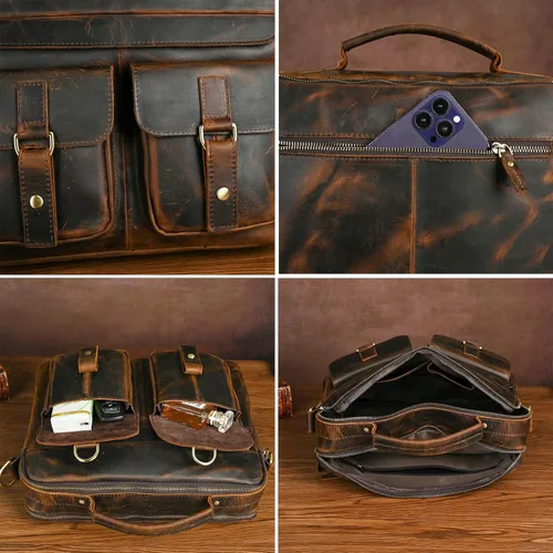 Miniatura 6 de Bolsa de lona resistente al agua + cuero para negocios, maletín de 14 pulgadas, para laptop, oficina, cartera, para hombres FBB207
