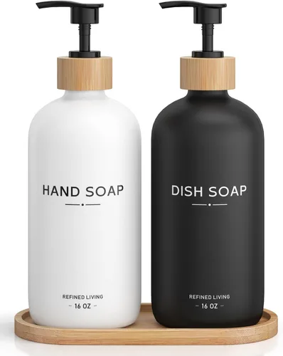 Juego de dispensador de jabón de manos y platos, botellas de vidrio de 16oz con etiquetas impresas, bandeja y bomba de bambú, dispensadores de jabón
