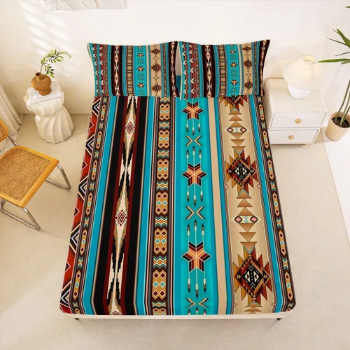 Miniatura 36 de Juego de ropa de cama de estilo bohemio occidental, tamaño individual, diseño de vaca atrapasueños, sábana bajera ajustable del suroeste, tribu