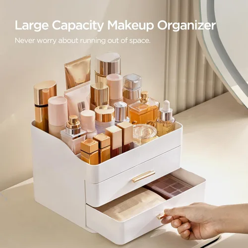 Miniatura 7 de HBlife Organizador de maquillaje para tocador con 2 cajones, organizador grande de cosméticos para encimera de baño, almacenamiento para el cuidado