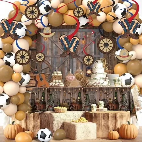 Miniatura 5 de Decoraciones de remolinos colgantes para fiestas occidentales, 5 y 7 pulgadas (paquete de 12) – Remolino rojo y azul con recortes de vaquero