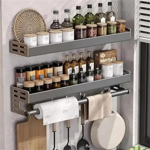 Miniatura 3 de Estante para utensilios de cocina montado en la pared, estante de almacenamiento de especias, estante de almacenamiento colgante con ganchos