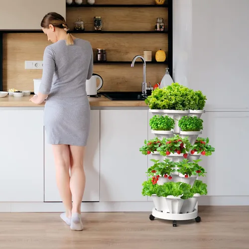 Miniatura 7 de Macetas verticales de fresa, paquete de 2 unidades, torre apilable de 5 niveles con poste de soporte, macetas apilables para hierbas y verduras