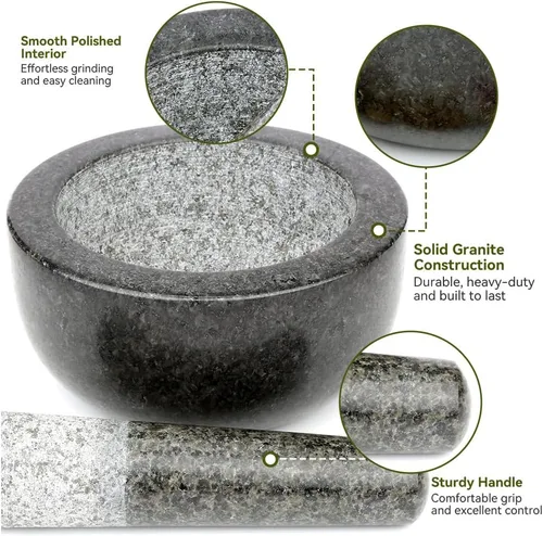 Miniatura 7 de Mortero de granito negro grande Kota Japón y maja de piedra natural amoladora de especias, condimentos, pastas, pestos y guacamole