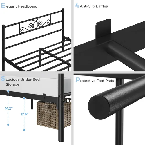 Miniatura 4 de Topeakmart Base de cama de metal clásico negro de 13 pulgadas con cabecero, base de colchón, cama de plataforma, base de cama con listones