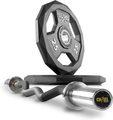 XMark Olympic Bar - Barra rizadora con pesas, par de pesas olímpicas o juego de discos olímpicos de diamante negro, calidad premium, revestimiento