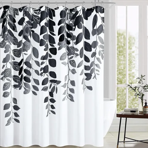 Miniatura 4 de BOODII Cortina de ducha extra larga negra para baño, cortinas de ducha botánicas de eucalipto floral, juego natural de acuarela floral con hojas