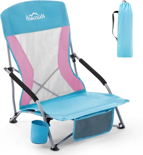 Miniatura 12 de Homcosan Silla de playa portátil baja plegable con paraguas desmontable, silla de campamento ligera para adultos con portavasos y bolsillo
