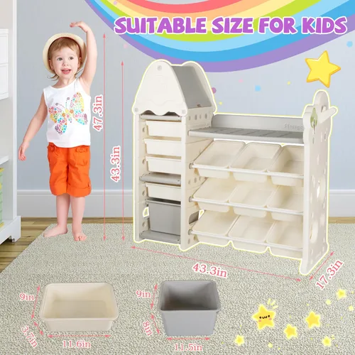 Miniatura 2 de Organizador de almacenamiento de juguetes para niños de 4 niveles con 14 cubos de juguetes extraíbles, compacto, estilo bohemio, organizador