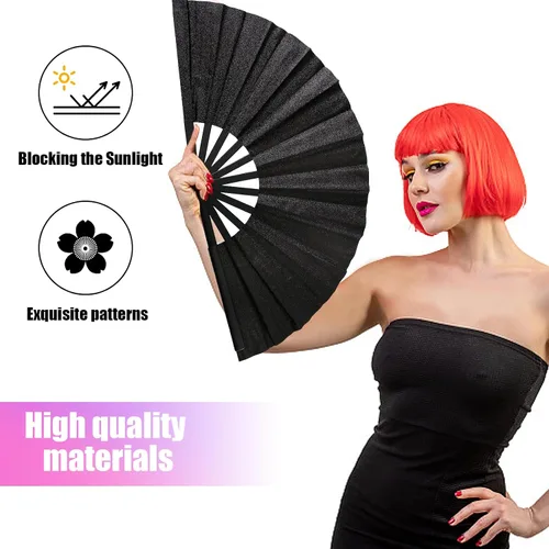 Miniatura 4 de QCWN Ventilador de mano plegable grande con purpurina negra, ventilador de estallido para fanáticos de baile de línea para botas en el suelo, baile