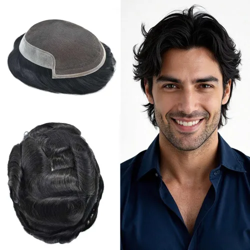 LYRICAL HAIR Sistema de cabello humano con encaje frontal francés para hombres, tupé de piel de polietileno para hombres, línea capilar natural,