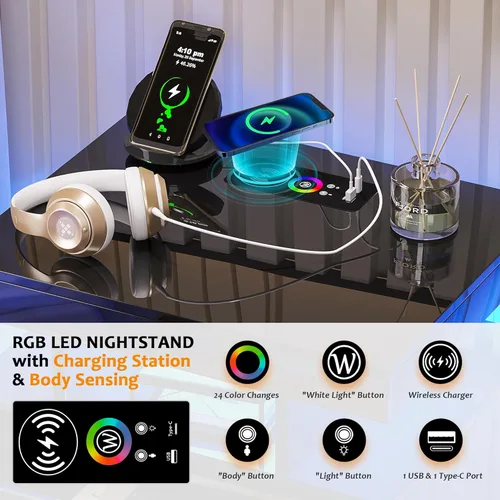 Miniatura 3 de Mesita de noche LED con estación de carga, moderna mesita de noche negra con luz de sensor corporal, mesita de noche con 2 cajones de almacenamiento