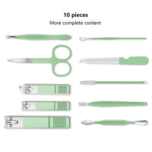 Miniatura 2 de Juego de manicura, mini cortaúñas de viaje, kit de herramientas de cuidado de pedicura, 10 piezas de acero inoxidable kit de aseo (verde)