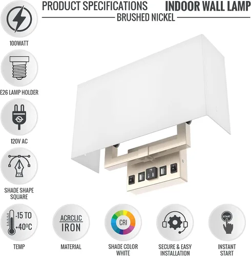 Miniatura 2 de LEDMyplace - Lámpara de pared LED de 2 luces, 120 V, base E26, cuerpo de hierro y pantalla de tela blanca, certificación UL, acabado de níquel