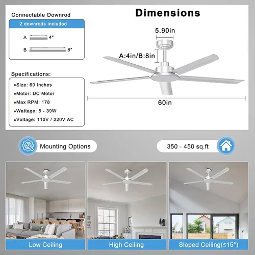 Miniatura 3 de Ohniyou Ventilador de techo de 60 pulgadas sin luz, ventilador de techo industrial plateado con control remoto/aplicación, aspas de aluminio, motor