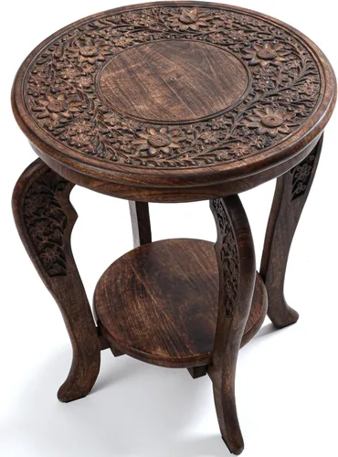 Mesa auxiliar de madera de mango tallada a mano – Mesa auxiliar redonda de pedestal de 18 x 22 pulgadas para sala de estar, mesita de noche de