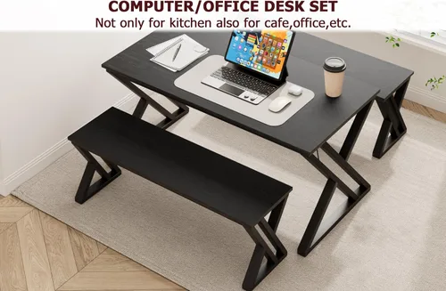 Miniatura 7 de GAOMON Juego de mesa de comedor de 55 pulgadas para 4-6, juego de mesa de cocina con 2 bancos, juego de mesa de comedor rectangular con marco