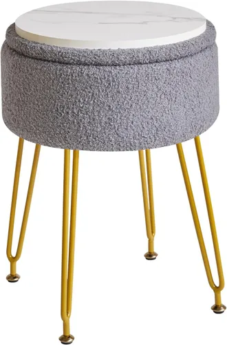 Miniatura 18 de IBUYKE Reposapiés otomano redondo de terciopelo teddy, mesa auxiliar de tocador de maquillaje, asiento de mesa de tocador de terciopelo, puf Negro