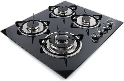 Placa de cocina de gas de 23 pulgadas, estufa de gas incorporada, 4 quemadores, estufa de acero inoxidable, quemadores de vidrio templado negro,