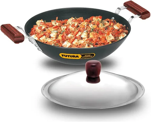 Miniatura 12 de Futura freidora con anodizado duro (Kadhai) con tapa de acero y parte inferior plana, Negro
