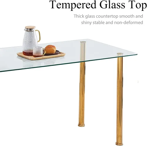 Miniatura 6 de Juego de comedor de cristal de 5 piezas dorado para 4, mesa de cocina rectangular con 4 sillas de piel sintética, juego de mesa de comedor compacto