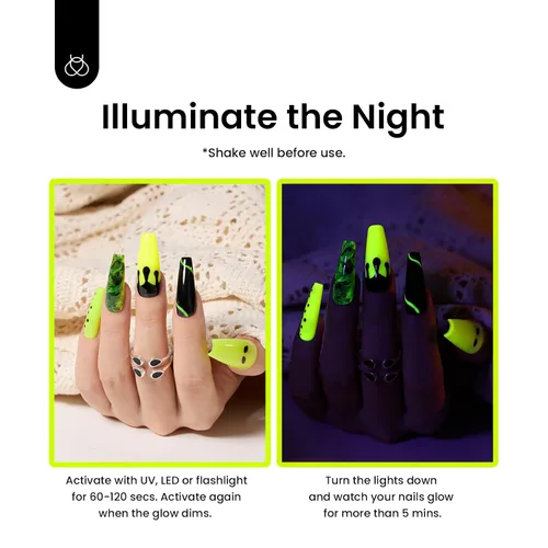 Miniatura 5 de Beetles - Esmalte de uñas de gel amarillo luminoso que brilla en la oscuridad, color verde nocturno, color luminoso que se absorbe con lámpara LED U