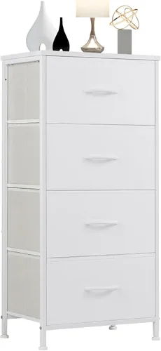 Miniatura 8 de DUMOS Mesita de noche con 4 cajones, mesa de noche con contenedores de tela extraíbles, marco de acero resistente, organizador superior de madera