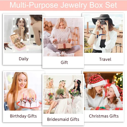 Miniatura 9 de Organizador de joyas y joyero de viaje, 2 piezas de regalo rosa, estuche de viaje para mujeres, organizador de joyas de viaje para mujeres, regalos