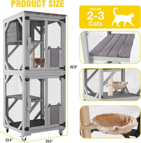 Miniatura 5 de Aivituvin Catio - Caja para gatos con ruedas, casa para gatos al aire libre con techo resistente a la intemperie, 3 plataformas, jaula portátil