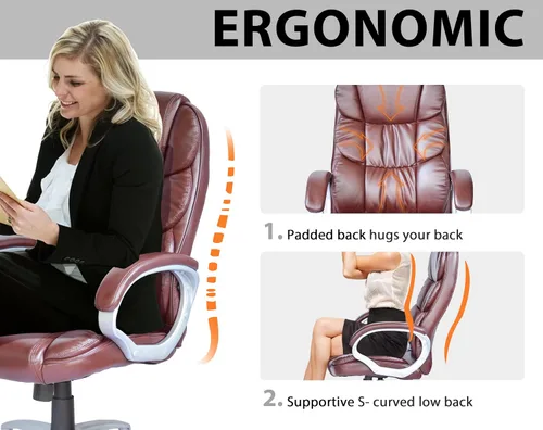 Miniatura 5 de Silla de oficina ergonómica, sillas de oficina de cuero sintético con respaldo alto con ruedas y brazos, altura ajustable, silla ejecutiva cómoda