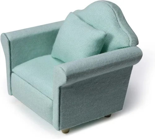 Miniatura 14 de Sofá de casa de muñecas con almohada, sofá miniatura a escala 1 y 12, muebles de sala de estar, marco de tela de madera, silla de lectura Azul