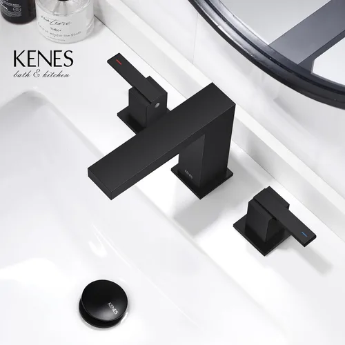 Miniatura 8 de KENES Grifo de Baño Extendido Negro Mate de Dos Manijas, Grifos de Lavabo de Baño Negro de 3 Orificios, 8 Pulgadas, Grifo de Tocador de Baño de 3
